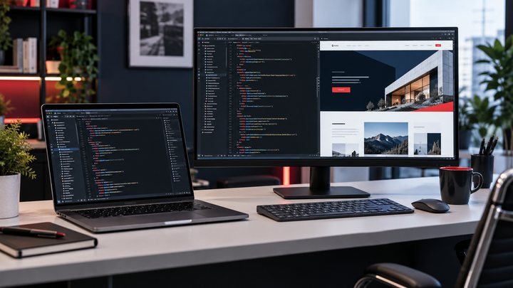 Custom website development workstation with code and website preview