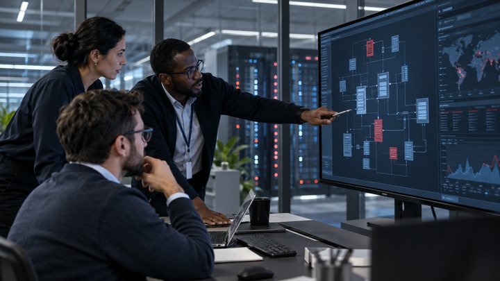 Enterprise team reviewing scalable system architecture